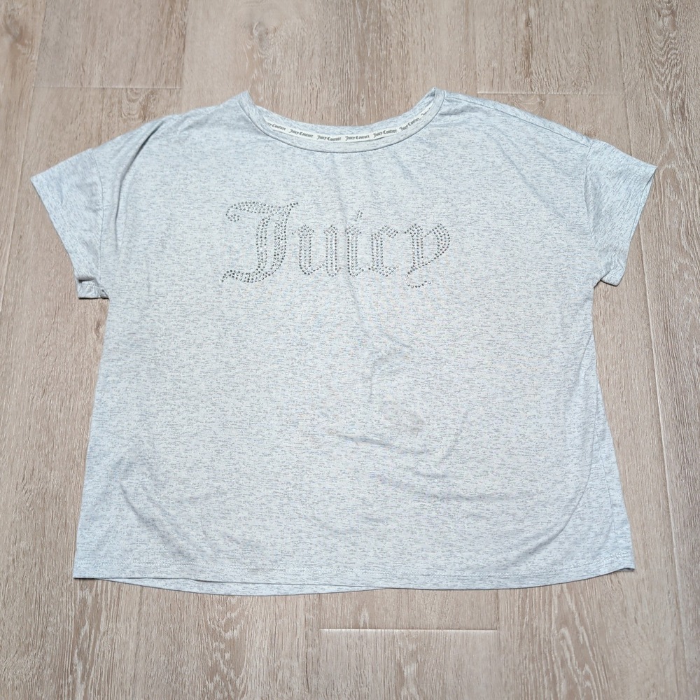 Juicy Couture Tee Women L Grey Rhinestone Logo Relaxed Fit Y2K‎ Pajama Top Soft